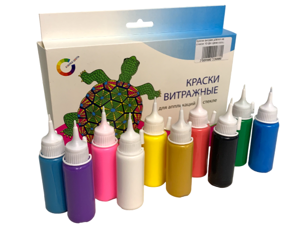Краски витражные для аппликации на стекле Азбука цвета, 10 флаконов
