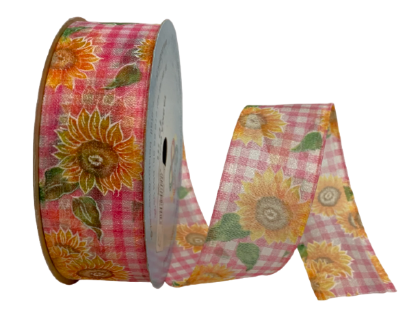 Лента 4см*10м Подсолнух, ткань, яр.роз.