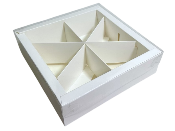 Коробка 20*20*5,5см с пластиковой крышкой, 4 или 6 ячеек, белая, 1/50
