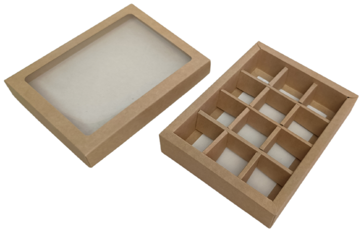 Коробка 19*15*3,6см, под 12 конфет, с окном, крафт, 1/10