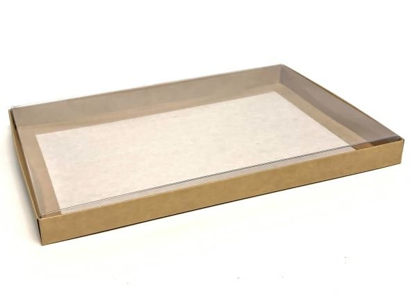 Коробка 26*18*2см с пластиковой крышкой, бурая, 1/100