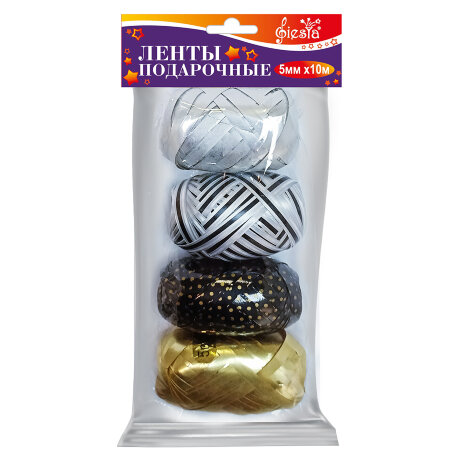 Ленты подарочные 5мм*10м металл, золото-серебро-чёрный горох-серебро с чёрным, 4шт., 1/6